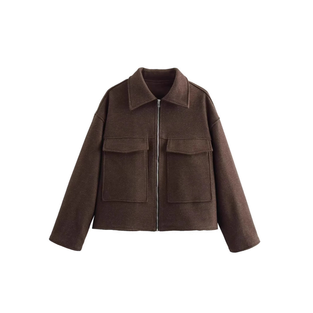 Damen lässige Overshirt-Jacke mit Taschen und Reißverschluss Drune