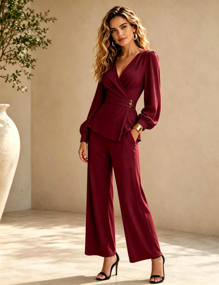 Damen Langarm Wickel Peplum Oberteil und Weite Hosen Set Drune