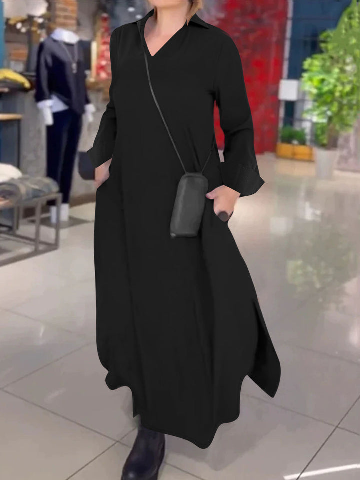 Damen Fließendes Maxikleid mit Stehkragen‑V‑Ausschnitt, langen Ärmeln und seitlichen Eingrifftaschen Drune