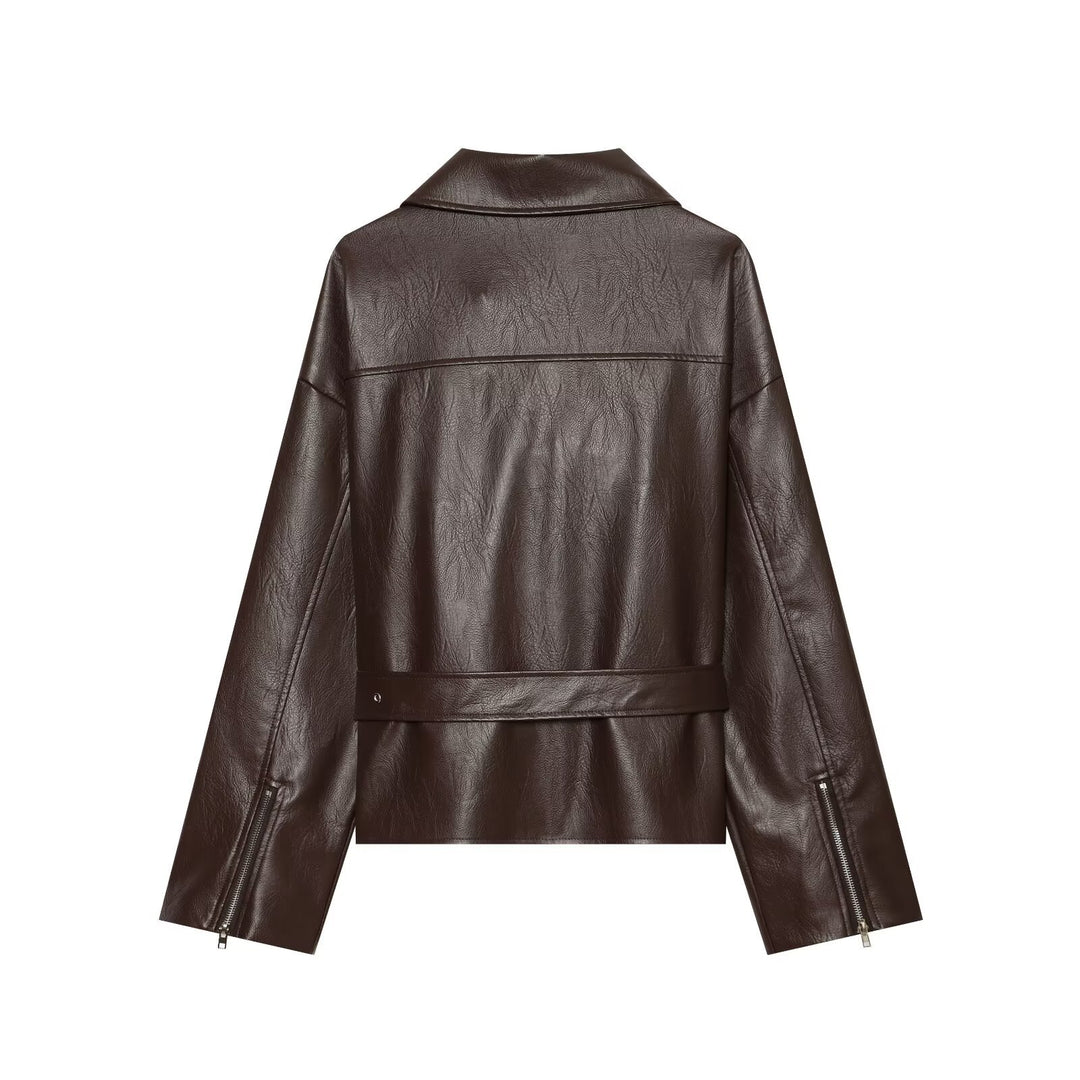 Damen Oversized Bikerjacke aus Kunstleder mit taillierendem Gürtel und asymmetrischem Reißverschluss Drune