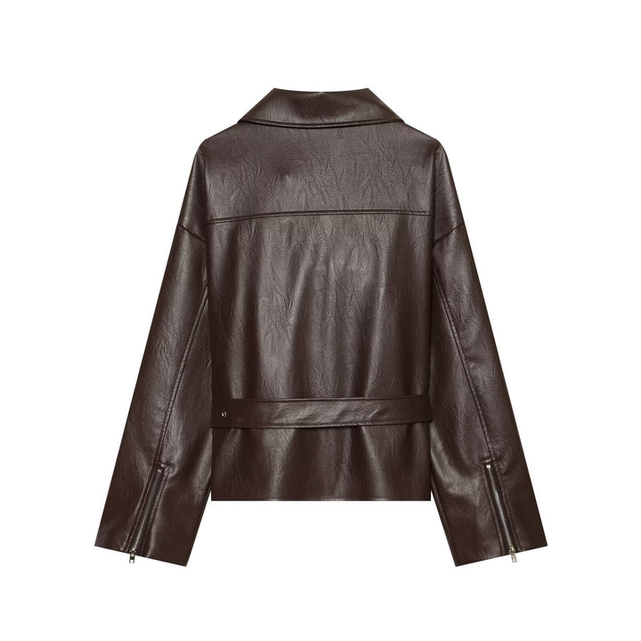 Damen Oversized Bikerjacke aus Kunstleder mit taillierendem Gürtel und asymmetrischem Reißverschluss Drune