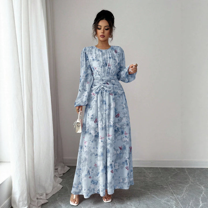 Damen Maxikleid mit floralem Schmetterlingsprint, geraffter Taillenpartie und langen Ballonärmeln Drune