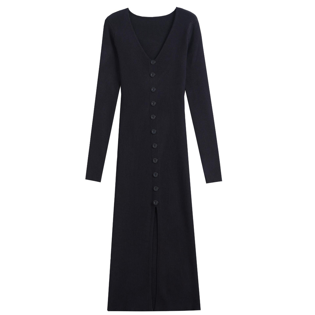 Damen Langarm-Strickkleid mit V-Ausschnitt und durchgehender Knopfleiste Drune