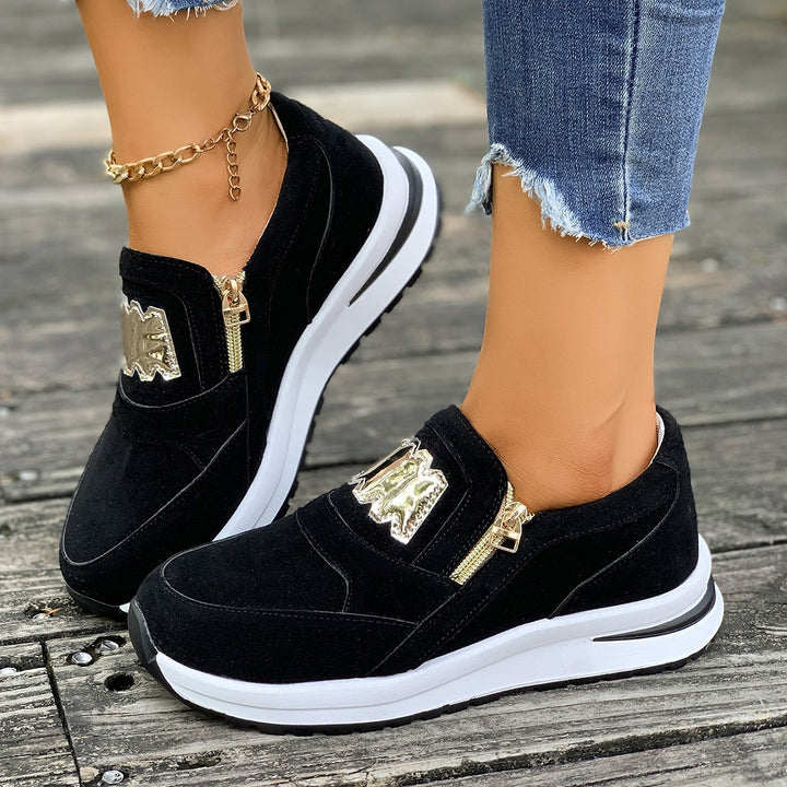Damen Plateau-Slipper-Sneaker aus Veloursimitat mit seitlichem Zier-Reißverschluss und metallischer Applikation Drune