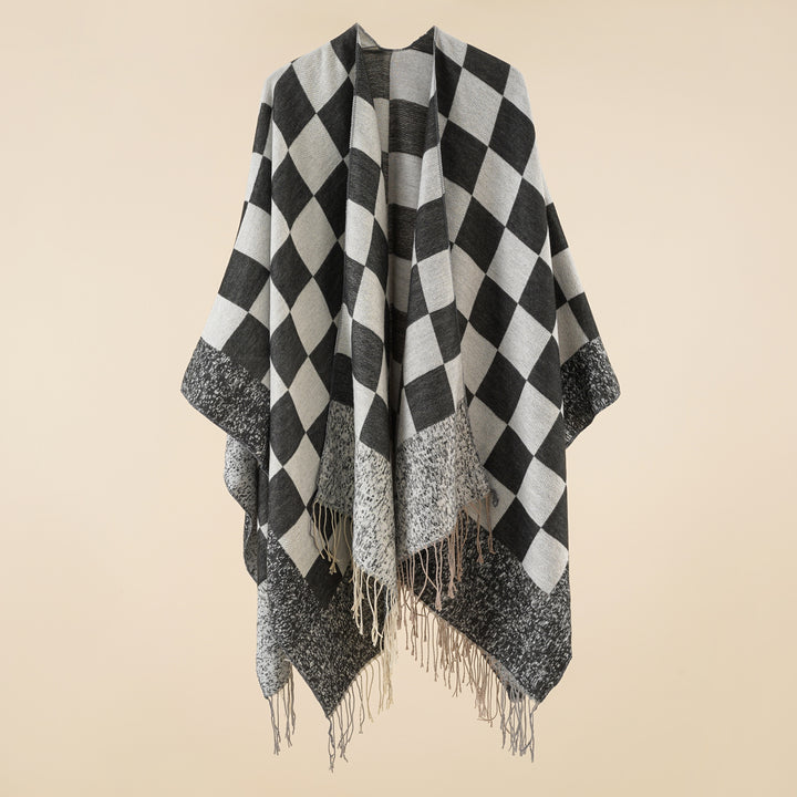 Damen Oversize-Poncho mit Karomuster und Fransen Drune
