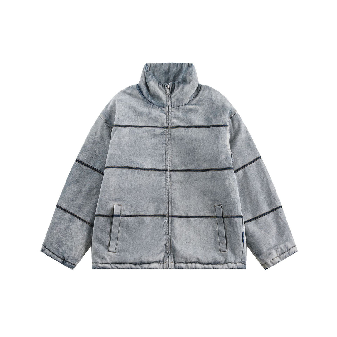 Unisex Boxy wattierte Denim-Optik Übergangsjacke mit hohem Stehkragen Drune