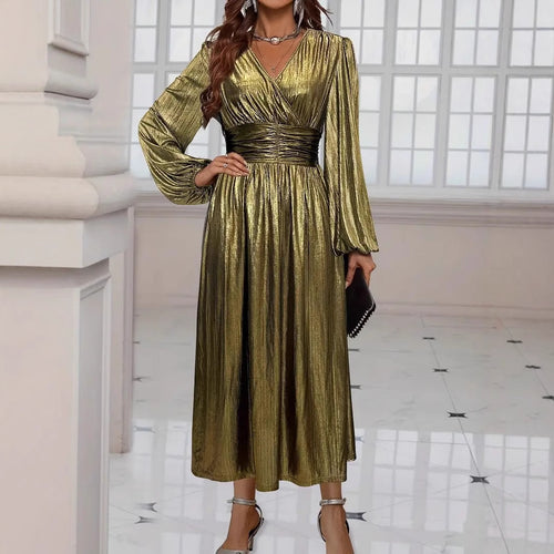 Damen Elegantes Midikleid mit metallischem Glanz und raffinierten Puffärmeln Drune