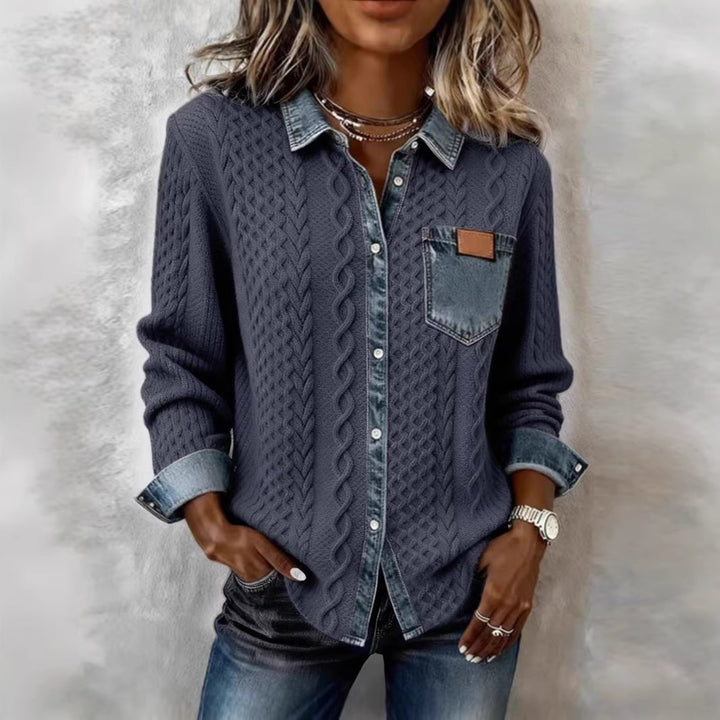 Damen Strickjacke mit Denim-Look-Kragen, dekorativer Knopfleiste und Brusttasche Drune