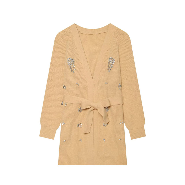 Damen Longcardigan mit Bindegürtel und Schmuckstein‑Applikation Drune