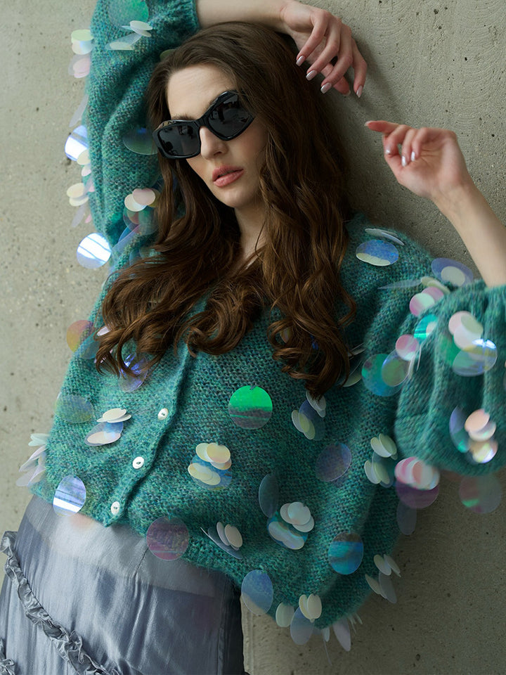 Damen Grobgestrickter Mohair-Cardigan mit übergroßen Pailletten und kastiger Silhouette Drune