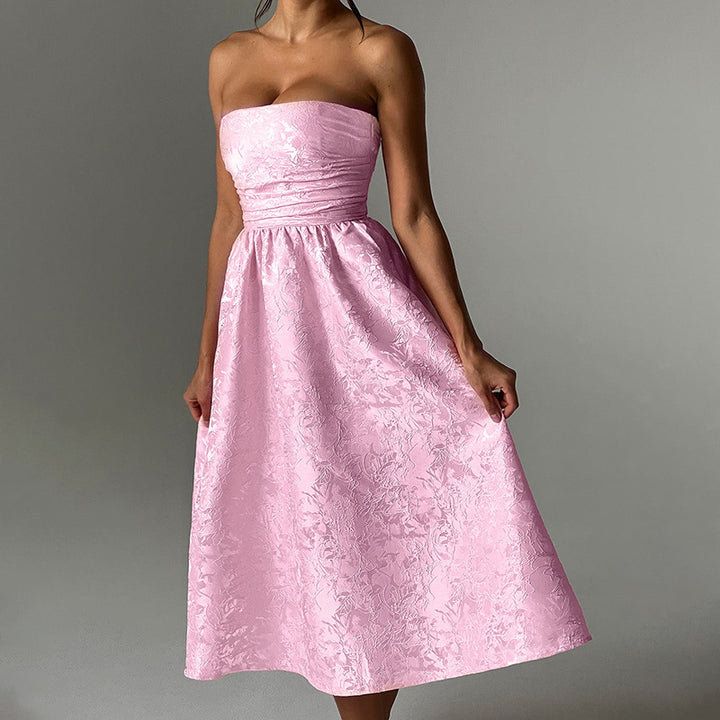 Damen schulterfreies A-Linien Kleid mit luxuriösem Blumenmuster Drune