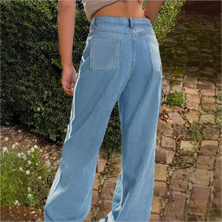 Damen weite High-Waist Denim-Jeans mit seitlichem Kontraststreifen Drune