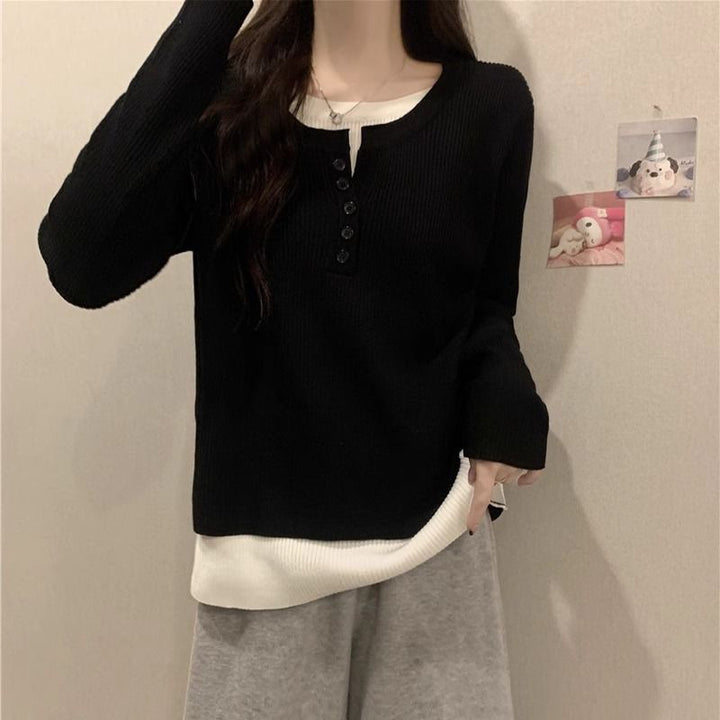 Damen modischer Langarm-Pullover mit Knopfleiste Drune
