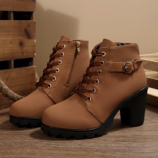 Damen nan knöchelhohe Schnür-Stiefelette mit seitlichem Reißverschluss, dekorativer Gürtelschlaufe, mittelhohem Blockabsatz und profilstarker Laufsohle Drune