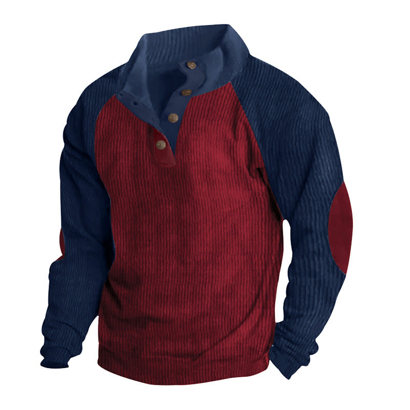 Herren Strukturiertes Raglan-Henley-Pullover mit Stehkragen, Ellenbogenpatches & Knopfleiste Drune