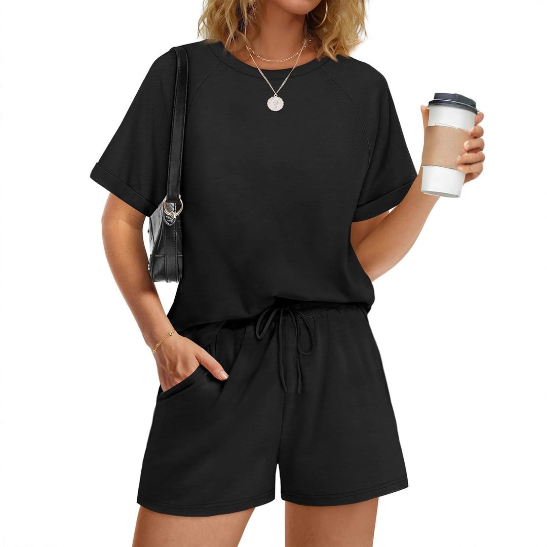 Damen lässiger Kombi aus T-Shirt und Shorts mit elastischem Bund Drune