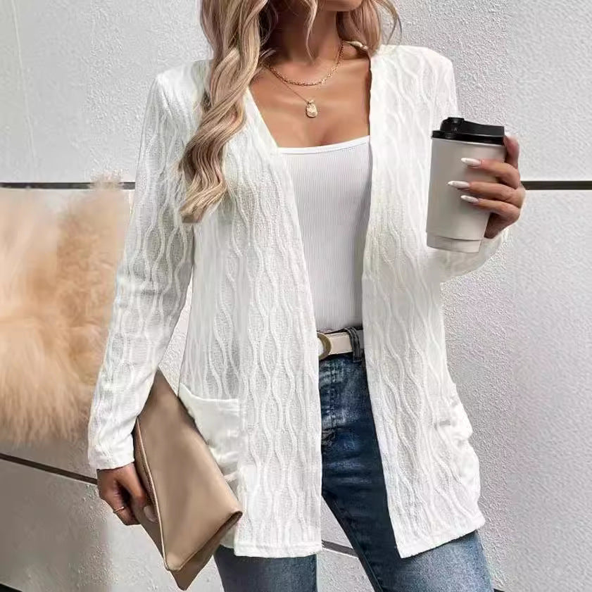 Damen Offene Strickjacke mit strukturierter Wellenoptik und aufgesetzten Taschen Drune