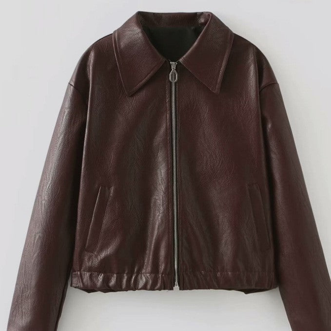 Damen 500+ leichte oversize Kunstleder‑Blousonjacke mit Hemdkragen, Reißverschluss und elastischem Saum Drune