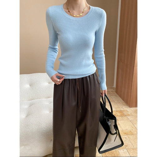 Damen figurbetontes Rippenshirt mit Rundhalsausschnitt und langem Arm Drune