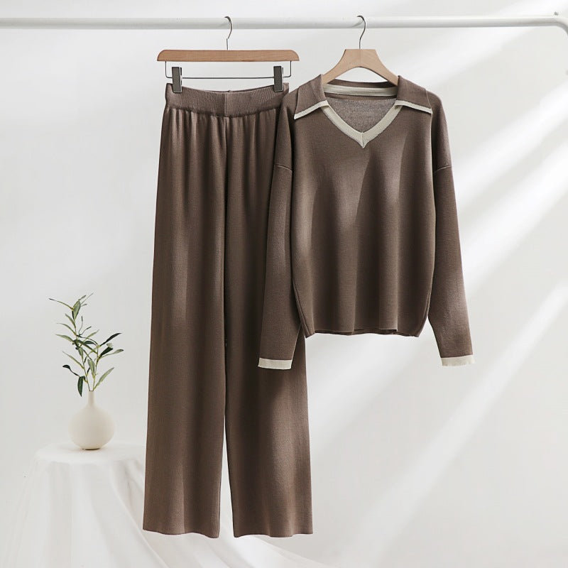 Damen gemütliches Strick-Loungewear-Set mit kontrastierendem Kragen und weitem Bein Drune