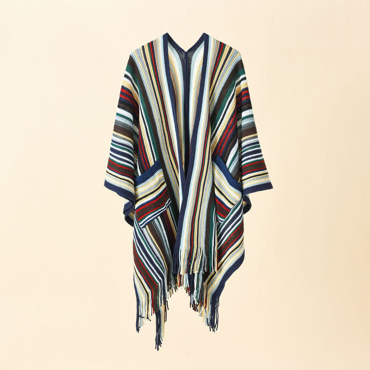 Damen Gestreifter Strickponcho mit Fransen und Eingrifftaschen Drune