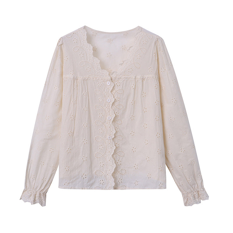 Damen Bluse mit Spitzenkante und Knopfdetails Drune