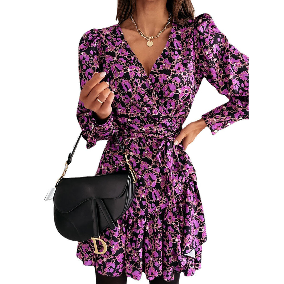 Damen Wickel‑Minikleid mit Balloonärmeln, Taillengürtel & Ziermanschetten Drune