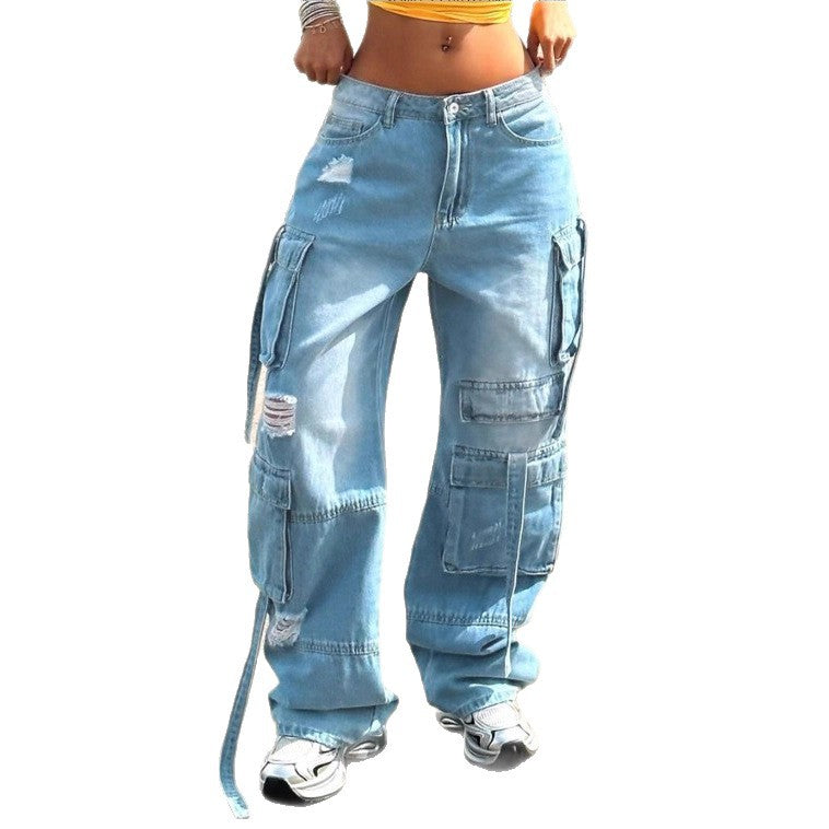 Damen Cargo-Jeanshose im weiten Baggy-Schnitt mit Mehrfach‑Cargotaschen Drune