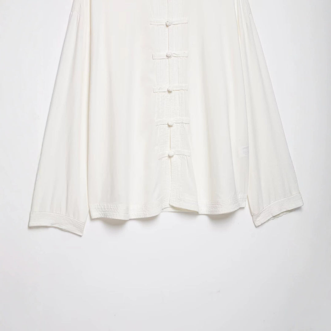 Damen Oversize Tunika‑Bluse im asiatisch inspirierten Stil mit Stehkragen und Zierknotenverschlüssen Drune