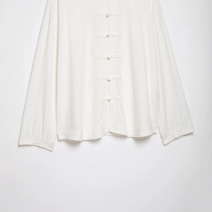 Damen Oversize Tunika‑Bluse im asiatisch inspirierten Stil mit Stehkragen und Zierknotenverschlüssen Drune