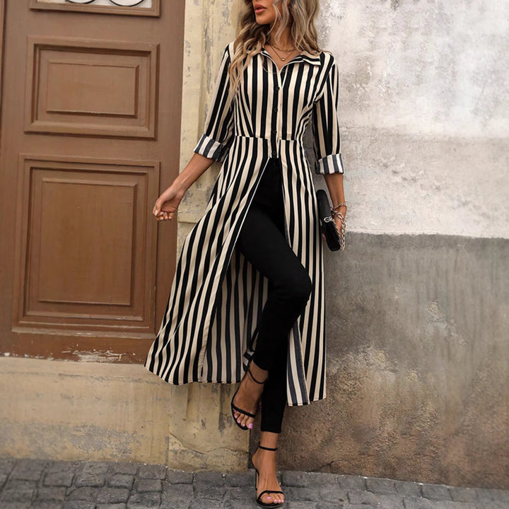 Damen gestreiftes Maxikleid mit Taillengürtel Drune