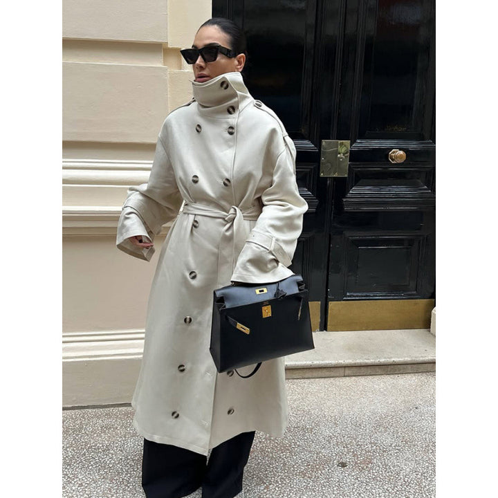 Damen Langer Oversized Trenchcoat mit hohem Stehkragen, Glockenärmeln und Bindegürtel Drune
