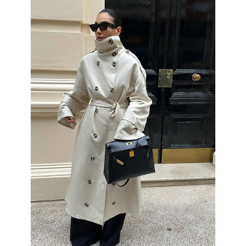 Damen Langer Oversized Trenchcoat mit hohem Stehkragen, Glockenärmeln und Bindegürtel Drune