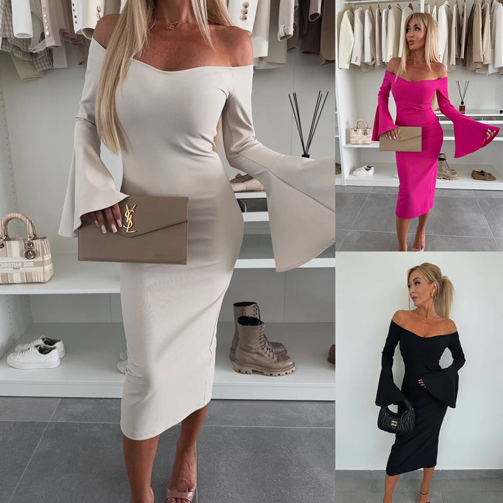 Damen Figurbetontes Kleid mit schulterfreien Ärmeln und ausgestellten Manschetten Drune