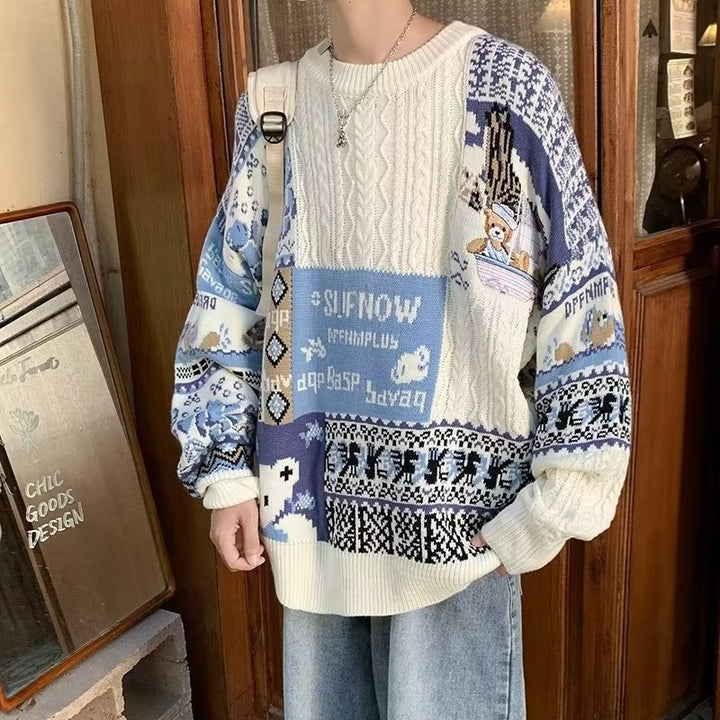 Herren Gemütlicher Grobstrickpullover mit buntem Patchwork Drune