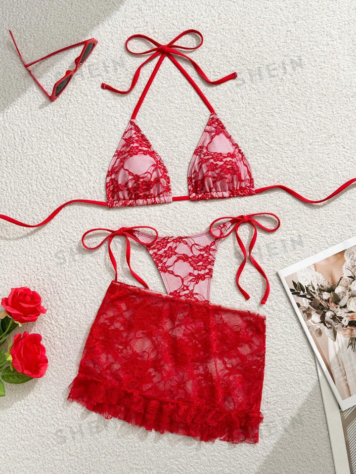 Damen Spitzen-Bikini mit floralem Design und fließendem Rock Drune