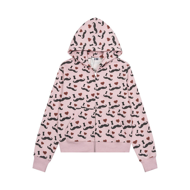 Damen Kurze Kapuzen‑Sweatjacke im Grafik-Print mit Rippbündchen und Kängurutaschen Drune