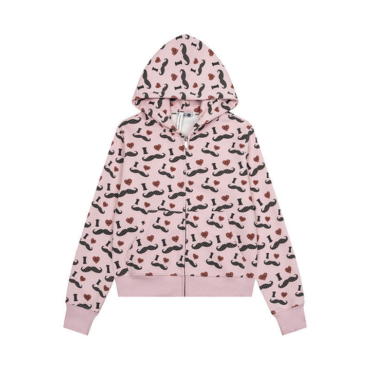 Damen Kurze Kapuzen‑Sweatjacke im Grafik-Print mit Rippbündchen und Kängurutaschen Drune
