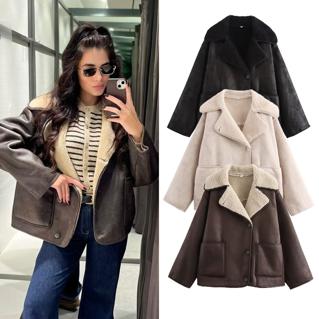Damen Kurz geschnittener Oversized Lammfellimitat-Mantel mit Teddy-Kragen Drune