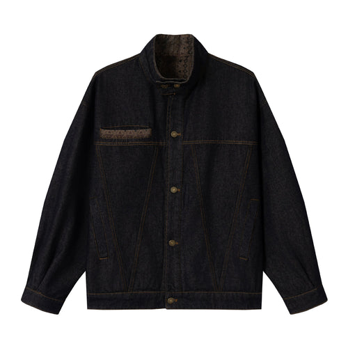 Unisex Oversized Denim-Blousonjacke mit Funnelkragen und dekorativer Brustblende Drune