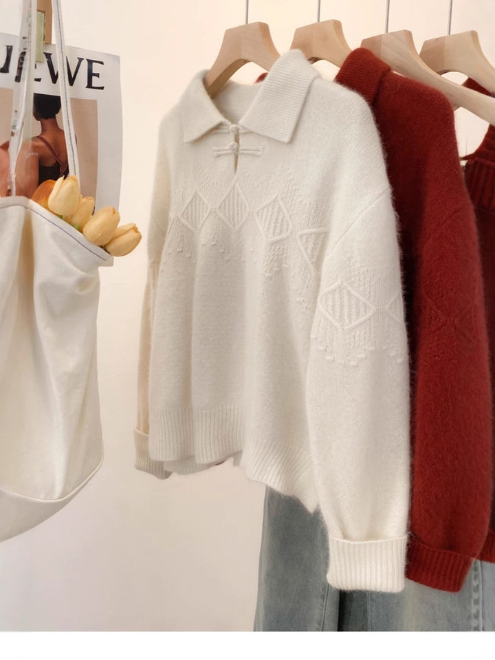 Damen Polokragen-Pullover im Mohair‑Look mit Ajour‑Zopfmuster, überschnittener Schulter und weiter Silhouette Drune