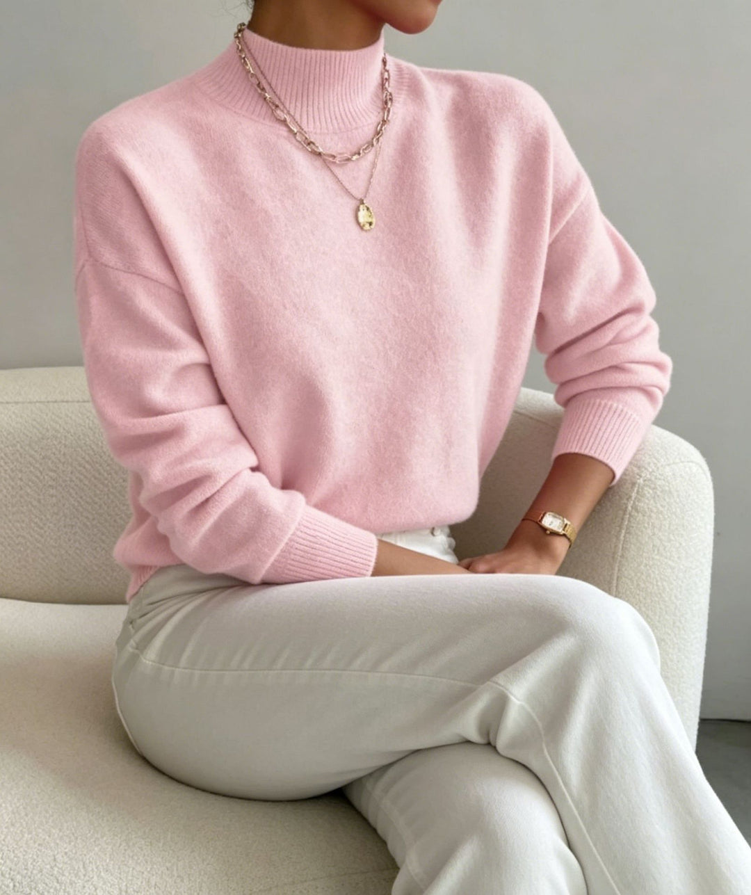 Damen kuscheliger Feinstrickpullover mit Stehkragen und überschnittener Schulter Drune
