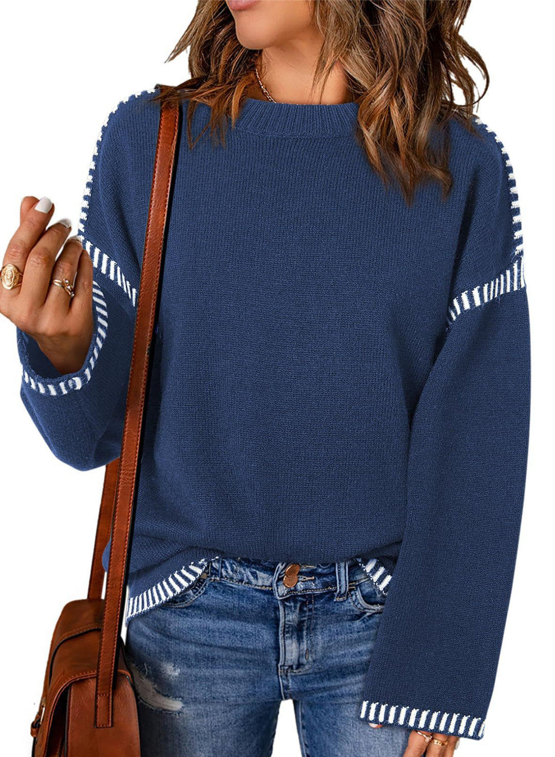 Damen Grobstrickpullover mit modischem Kontrastsaum und weiten Ärmeln Drune