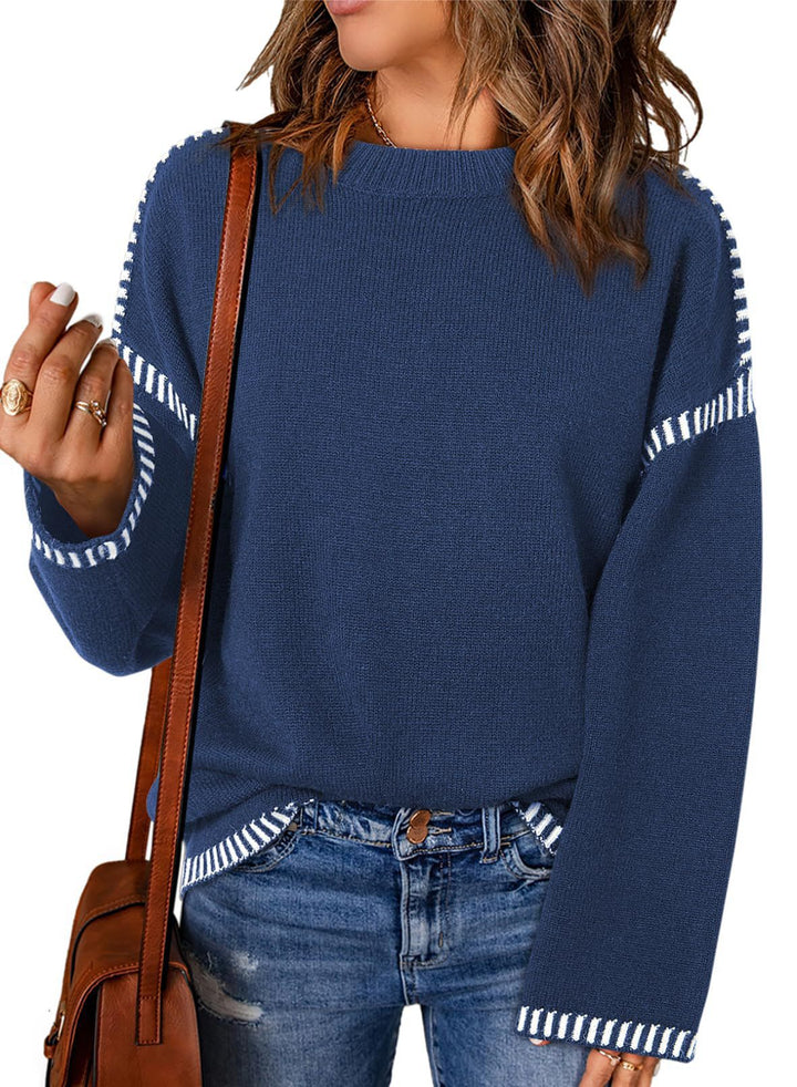 Damen Grobstrickpullover mit modischem Kontrastsaum und weiten Ärmeln Drune