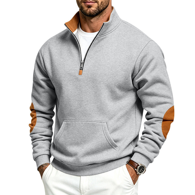 Herren Sweatshirt mit halbem Reißverschluss, Stehkragen und Ellenbogen-Patches Drune