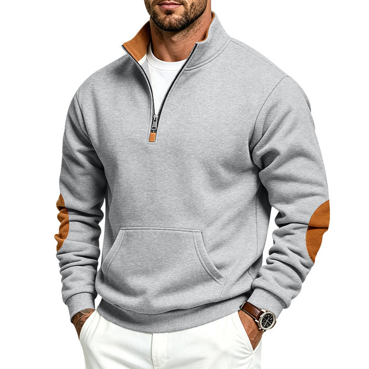 Herren Sweatshirt mit halbem Reißverschluss, Stehkragen und Ellenbogen-Patches Drune