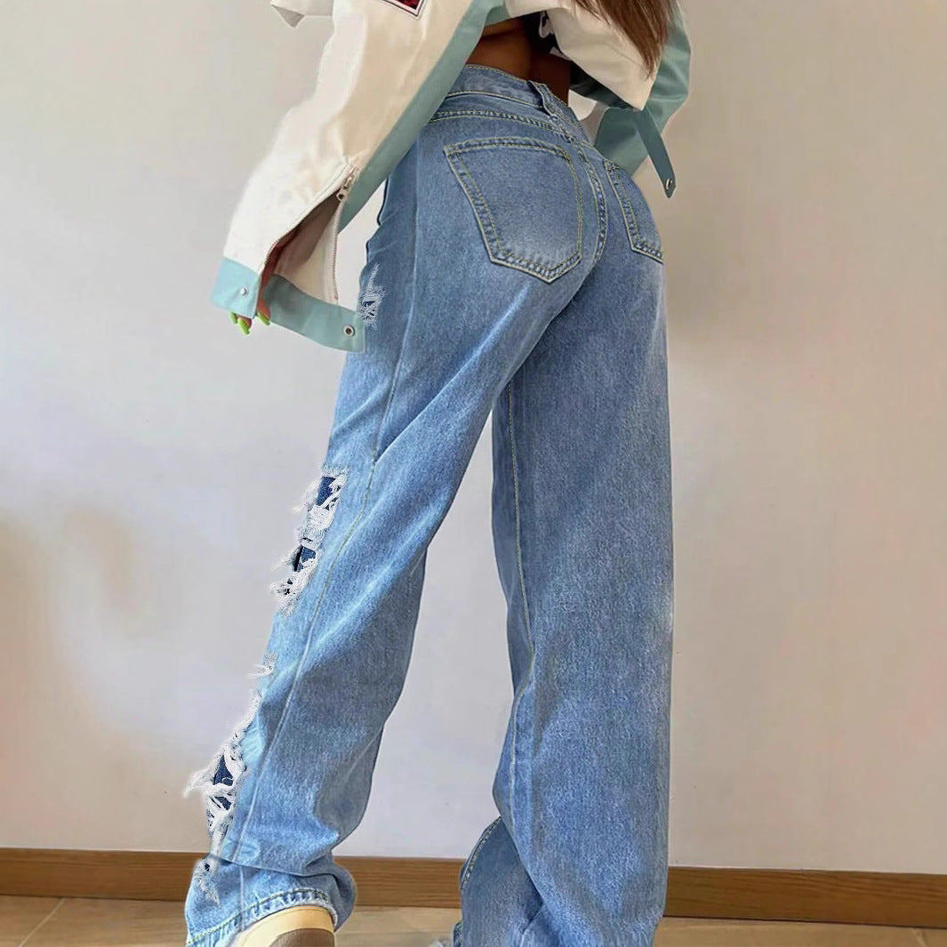 Damen weite Destroyed-Jeans mit seitlichen Cutouts und kontrastierten Unterlagen Drune
