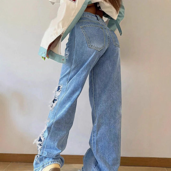 Damen weite Destroyed-Jeans mit seitlichen Cutouts und kontrastierten Unterlagen Drune