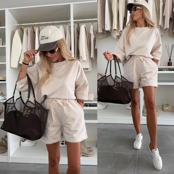 Damen lässiges Kurzarm Set aus Oversized Oberteil und Shorts Drune