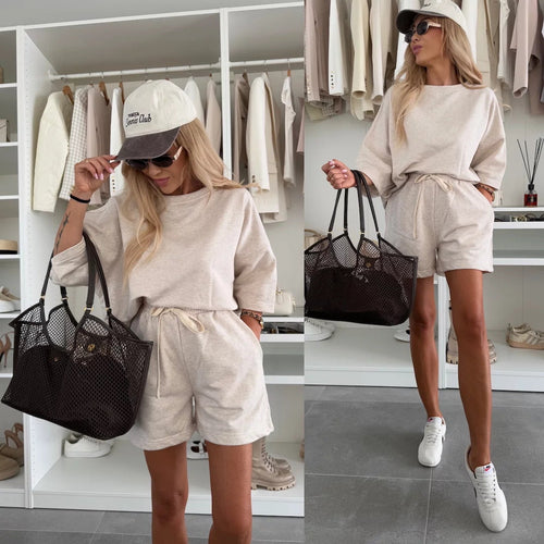 Damen lässiges Kurzarm Set aus Oversized Oberteil und Shorts Drune